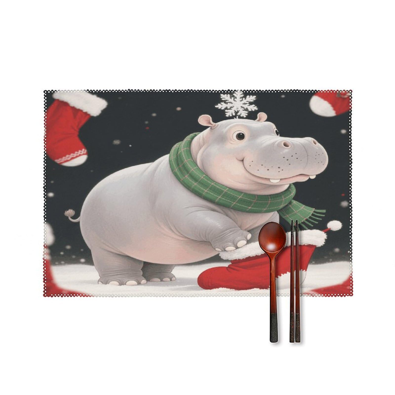Christmas Hippo Placemats Set of 4 Heat Resistant Non-Slip Place Mats for Dining Table Washable Placemat Wipeable Dining Table Mat Canvas Place Mats Dining Table Decor