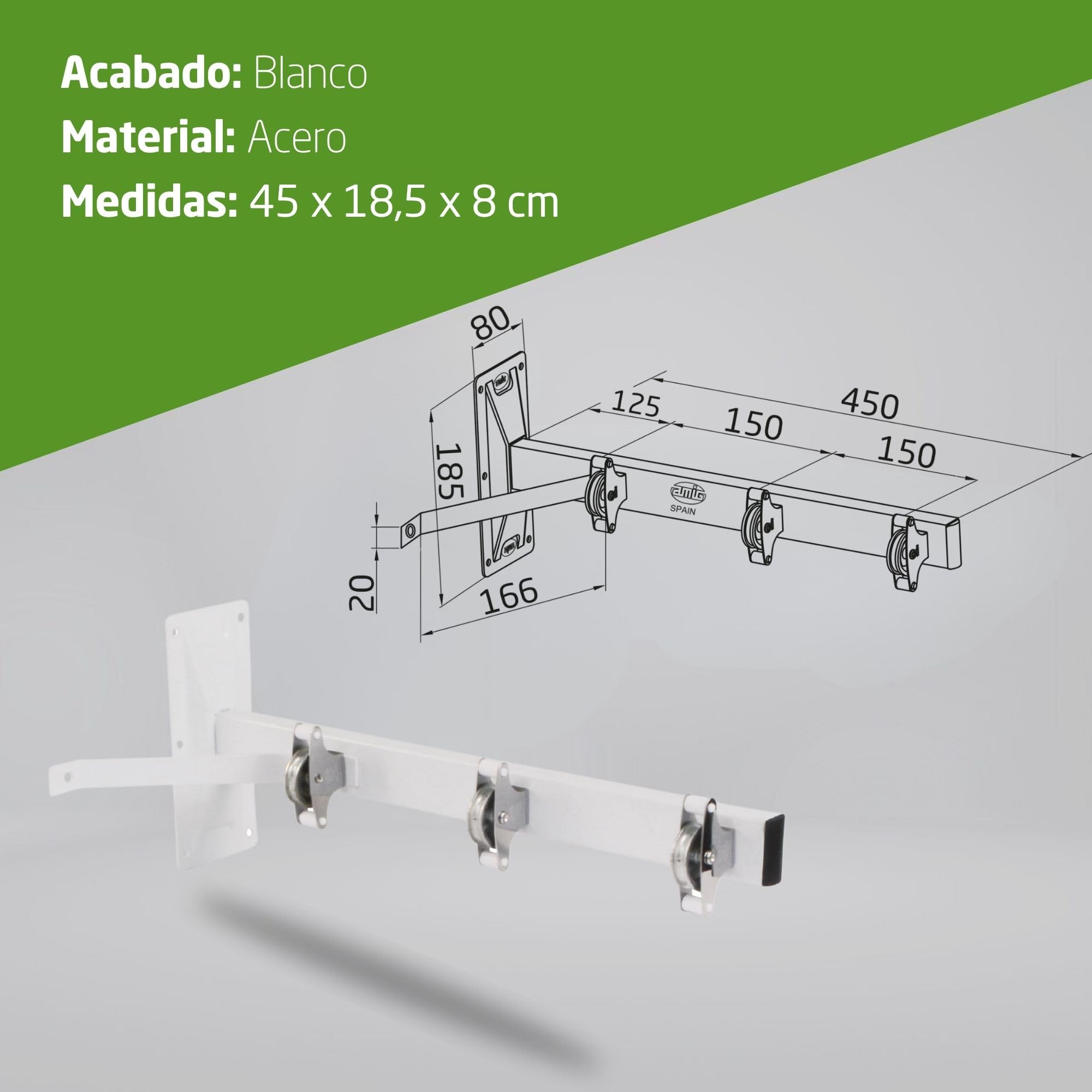 Amig - Tendedero Lateral de Pared Mod. 3 - Tenderete 2 Brazos con 6 poleas de Acero INOX - para 3 Cuerdas - Acero con Pintura epoxy - Uso Exterior - 450 mm - con Accesorios de fijación - Color Blanco
