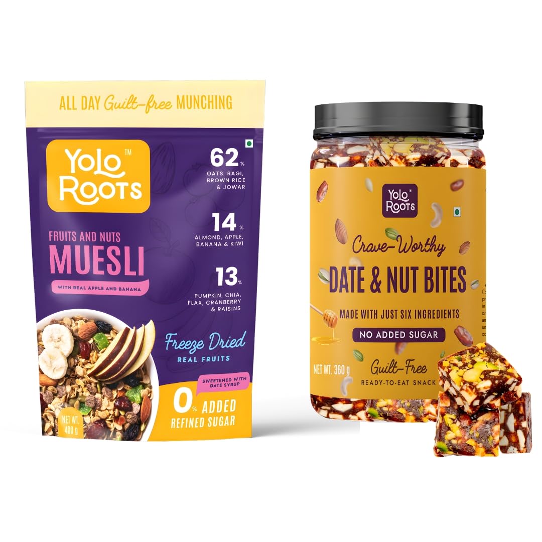 Yolo Roots Fruits & Nuts Muesli 400g & Date & Nut Bites 360g Combo, No Added Sugar, High Fiber Breakfast Cereal & Healthy Dry Fruit Sweet (Pack of 2)