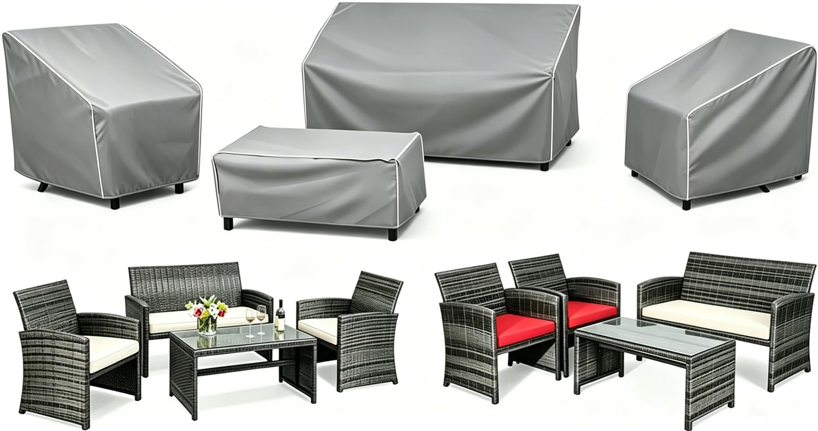 STARTWO Patio Furniture Cover 4 Piece Set, Grey+White Seams, Regular 420D