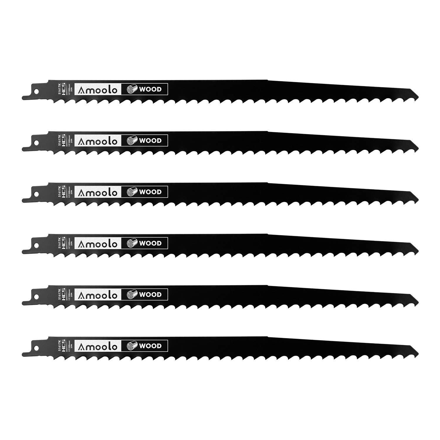 amoolo 12-Inch Wood Pruning Reciprocating Saw Blades, 3TPI, HCS Saw Blades for Wood Cutting, 6 PCS
