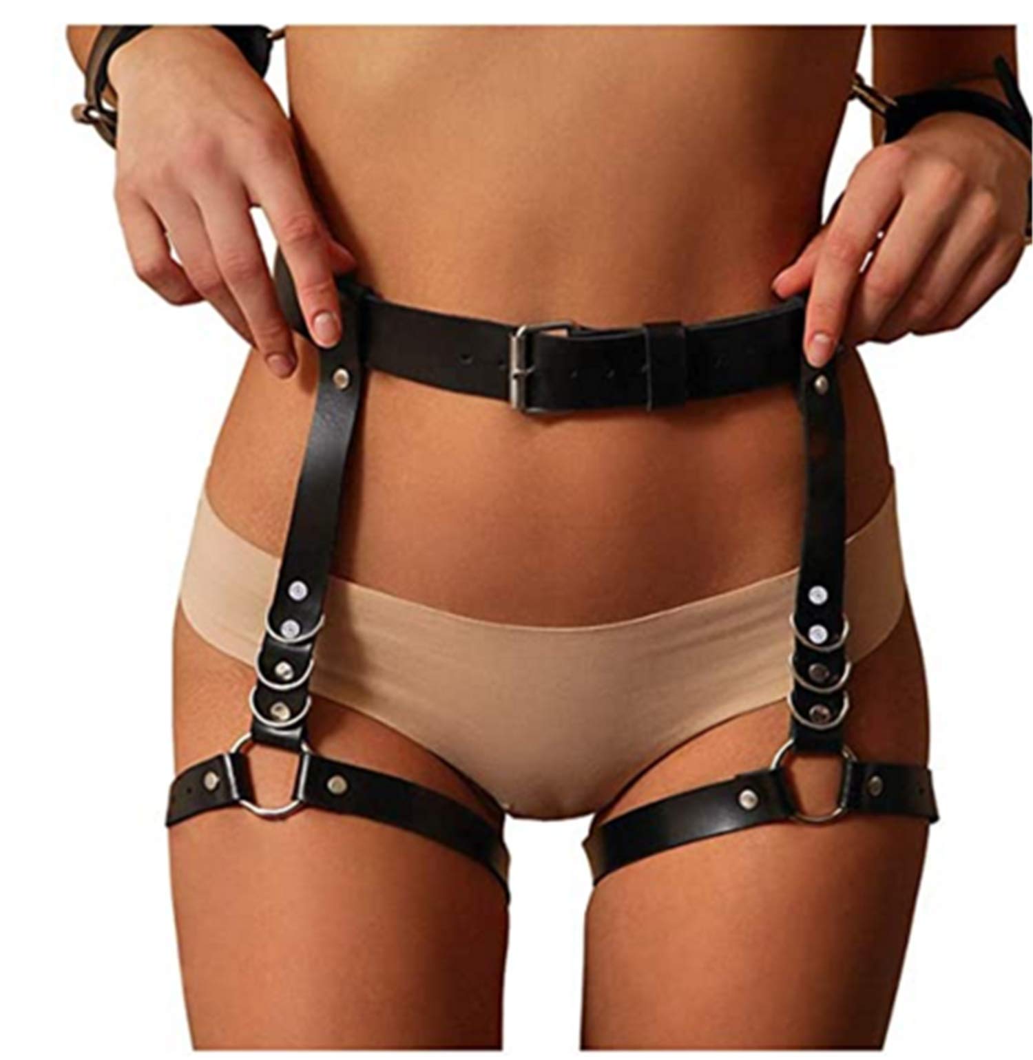 Tyufgt6u Women's Black Sexy Punk Leather Harness Garter Belt Adjustable Waist Leg Cincher Cage Belt