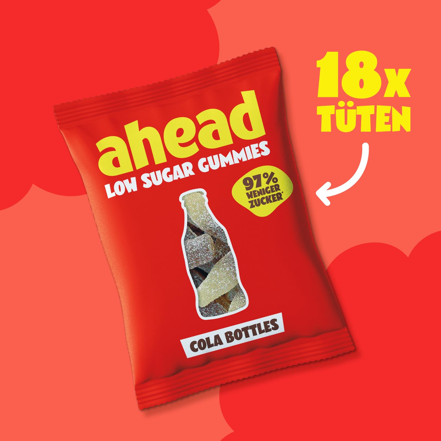 ahead Sour Cola Gummibärchen | Colageschmack Fruchtgummi 18 × 50g | Gummibärchen ohne Zuckerzusatz | Nur 1g Zucker & 73 kcal pro 50g | Kalorienarme Süßigkeiten & ballaststoffreich