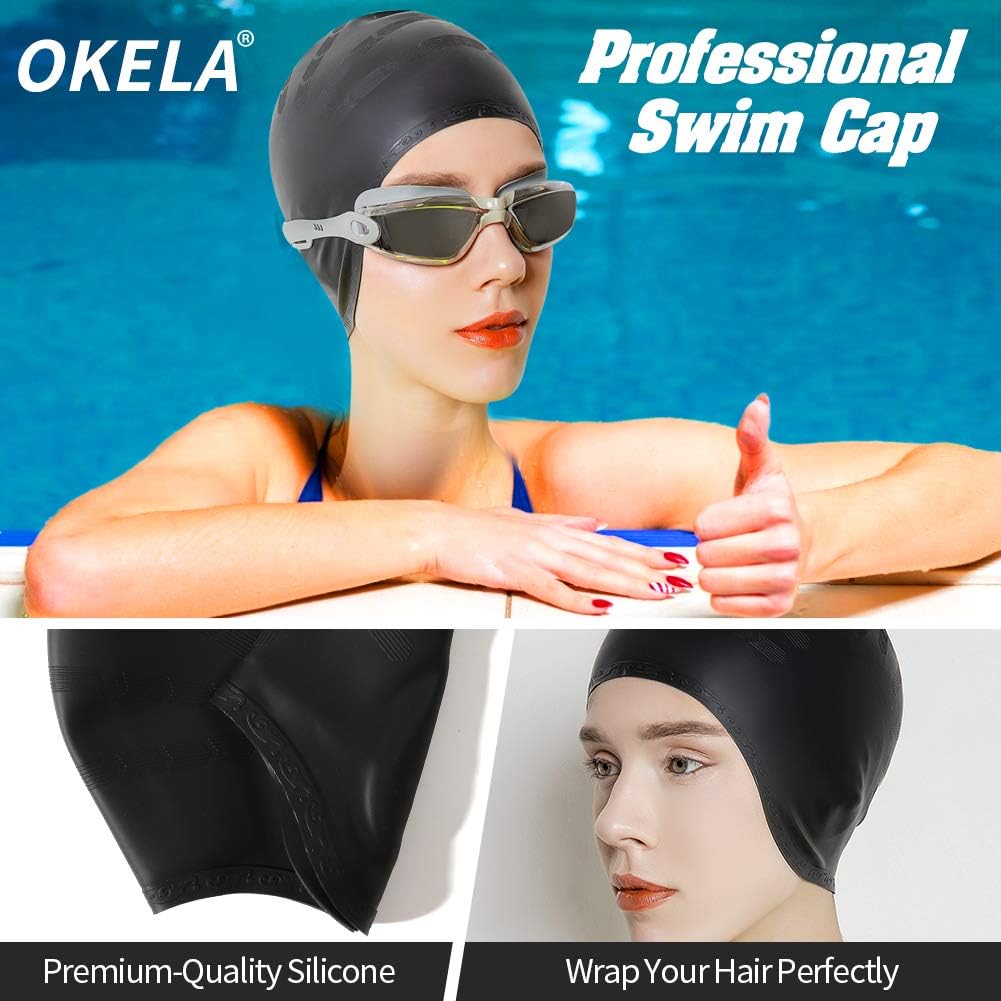 OKELA Silicone Solid Swim Cap,3D Ergonomic Design Comfortable Bathing Swimming Cap for Women and Men, Ideal for Short Medium Long Hair