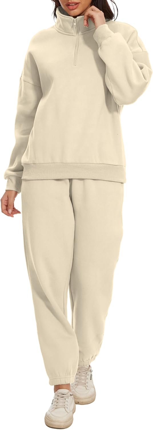 Women Oversized Long Sleeve Sweatsuit Half Zip Sweatshirt & High Waisted Pants 2 Piece Outfits With Pockets