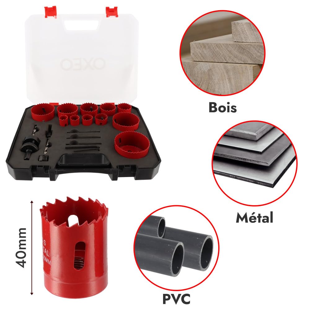 Coffret scie cloches Bi-métal HSS - 17 pièces - Diamètre 20 à 68 mm - Profondeur Coupe 40mm - Perçage métal - bois - PVC