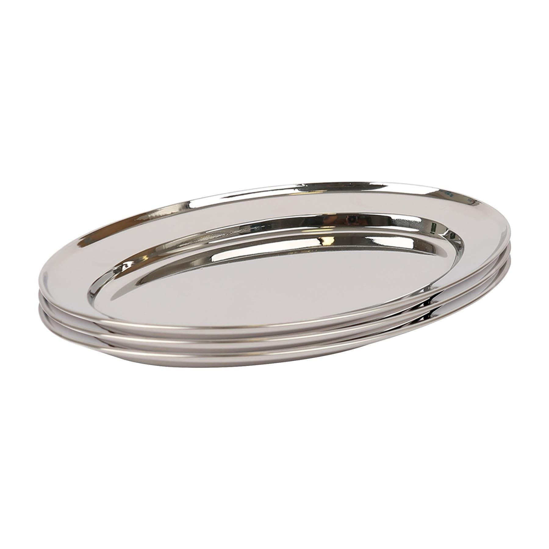 Argon Tableware 25 x 17cm Serving Platters - 3 Pack - Stainless Steel Chrome Dinner Tray Oval Plate Small Appetizer Serving Dishes for Party, Events, Table Service, Snack Platters