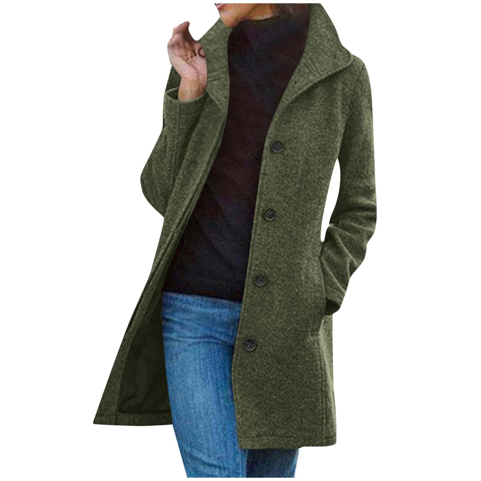 Manteau d'hiver long en laine pour femme - Trench - Vêtements d'automne - Blazers décontractés - Veste boutonnée à revers cranté - Mélange de paons - Col montant - Simple boutonnage