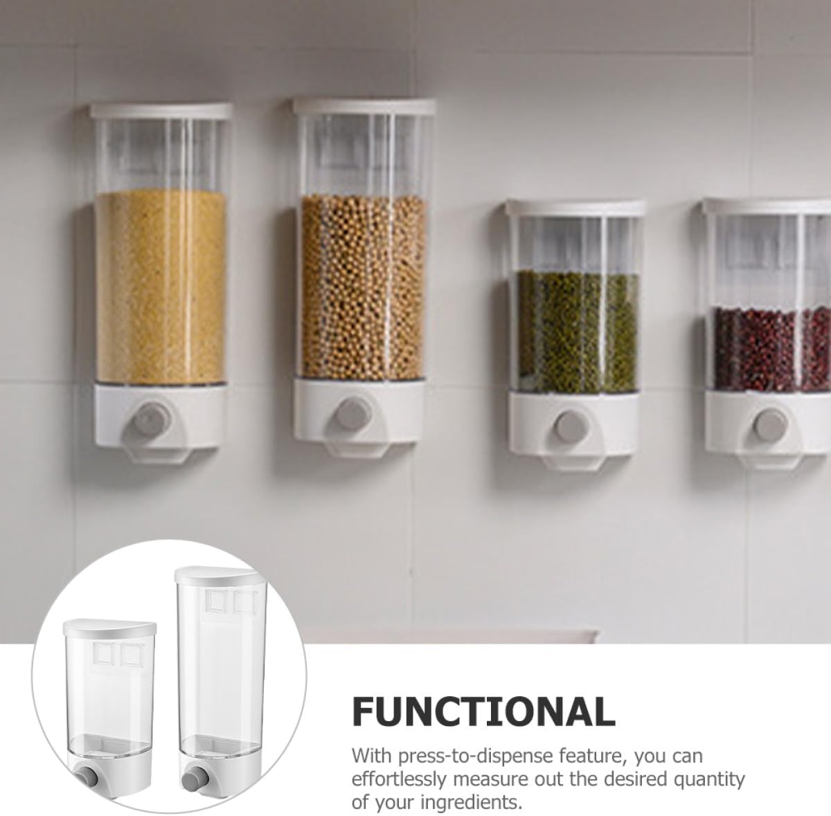 CALLARON 2pcs Airtight Wall-mounted Food Storage Containers, Powder and Legume Dispenser Jars with Press-to-release Design, Dustproof Kitchen Storage for Cereal and Grains, 1l + 1.5l