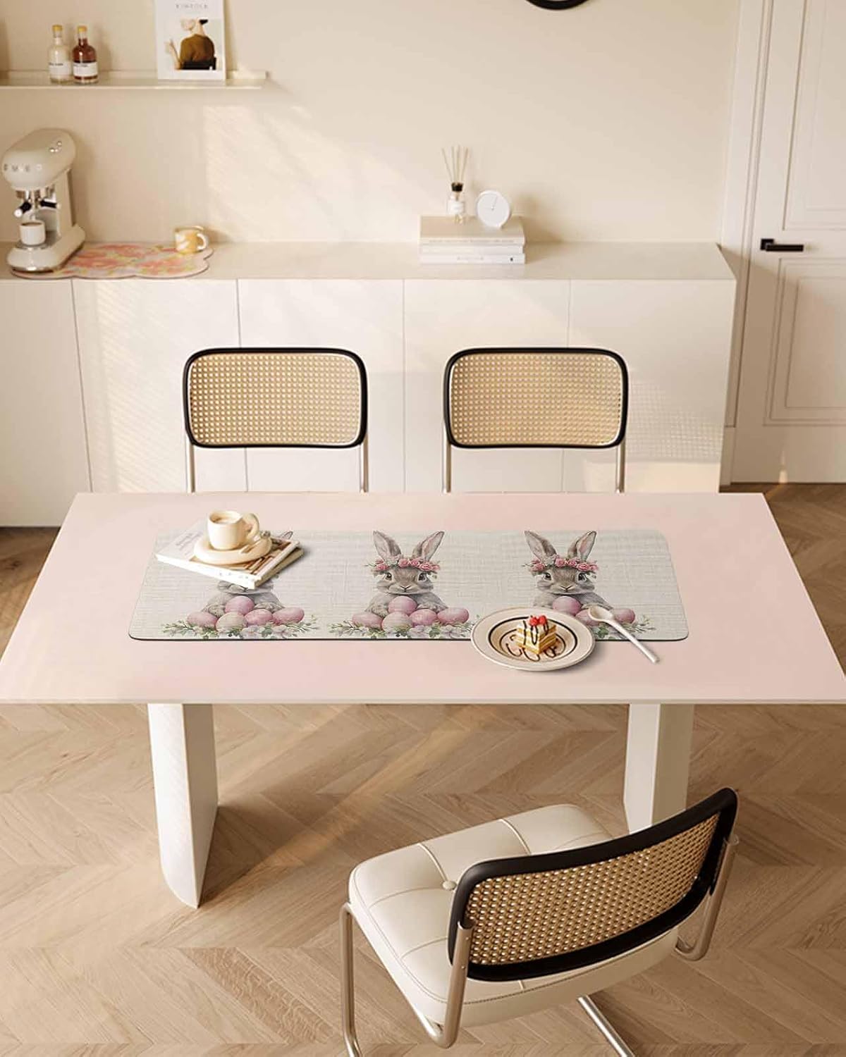 Countertop Protector Mats, Realistic Grey Easter Rabbit Pink Eggs Wreath Retro Non-Slip Heat-Proof Dining Table Mats Decorative Surface Protection for Countertops Kitchen Islands Tables 12"x 48"