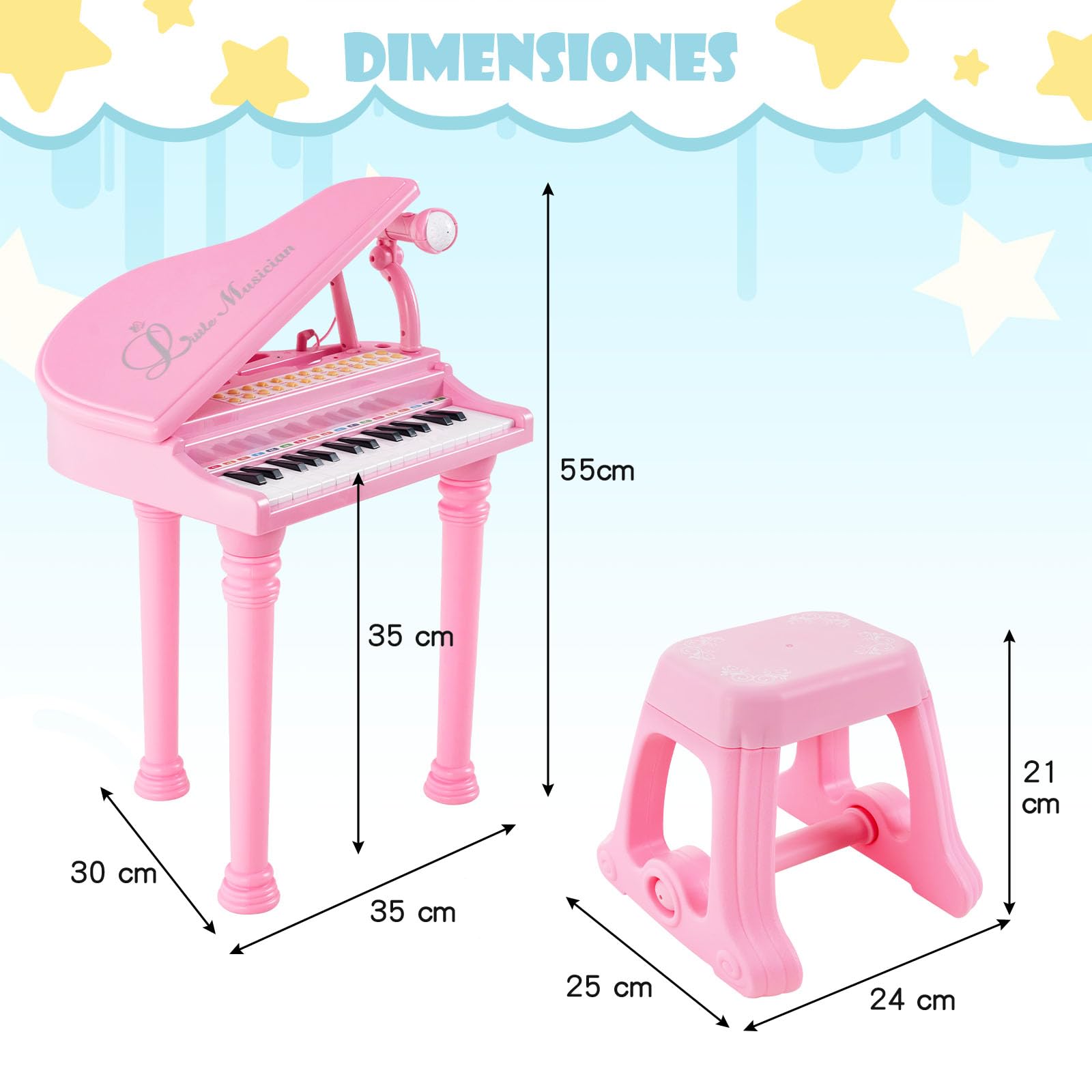 COSTWAY Piano Electrónico para Niños de 31 Teclas con Taburete, Teclado Piano Infantil de Multifunción Portátil con Micrófono, LED Modo de Enseñanza, Función de Grabación y Reproducción (Rosa)