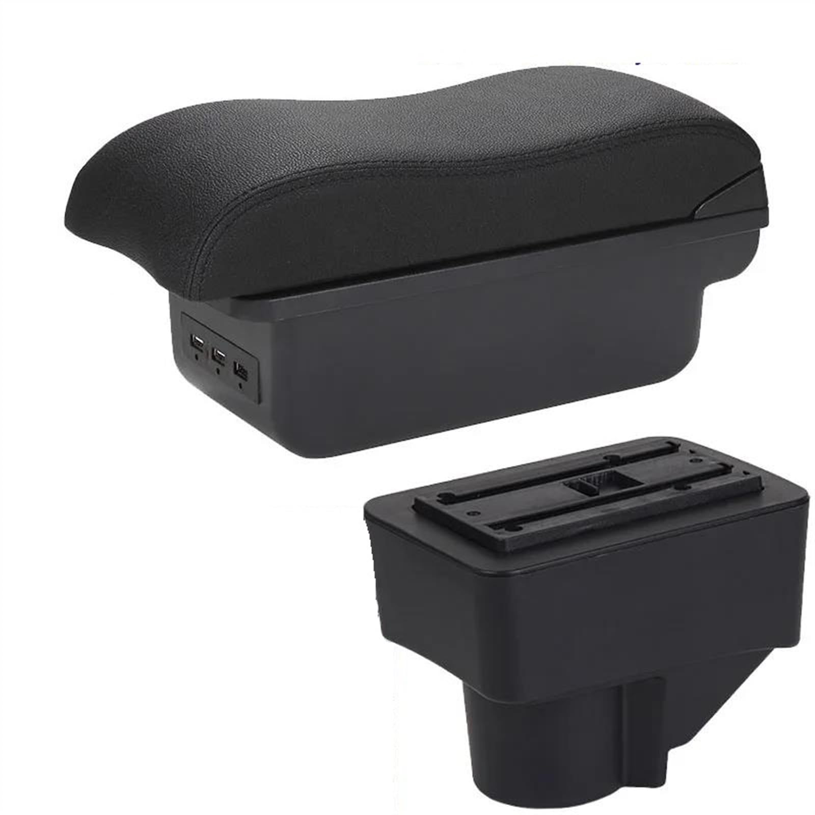 NOHEEU Car Armrest Box 2009-2017 Storage Curved Surface Leather Easy Installation For Fiesta MK7(B2 Black line 3USB)