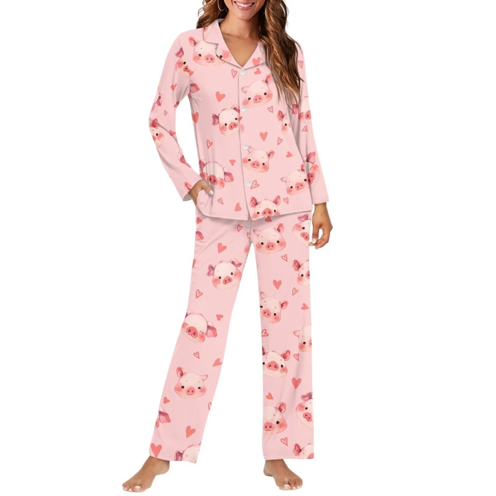 JEOCODY Pajamas Set for Women Soft Long Sleeve Button Down Sleepwear Plus Size Pj Lounge Sets Loungewear