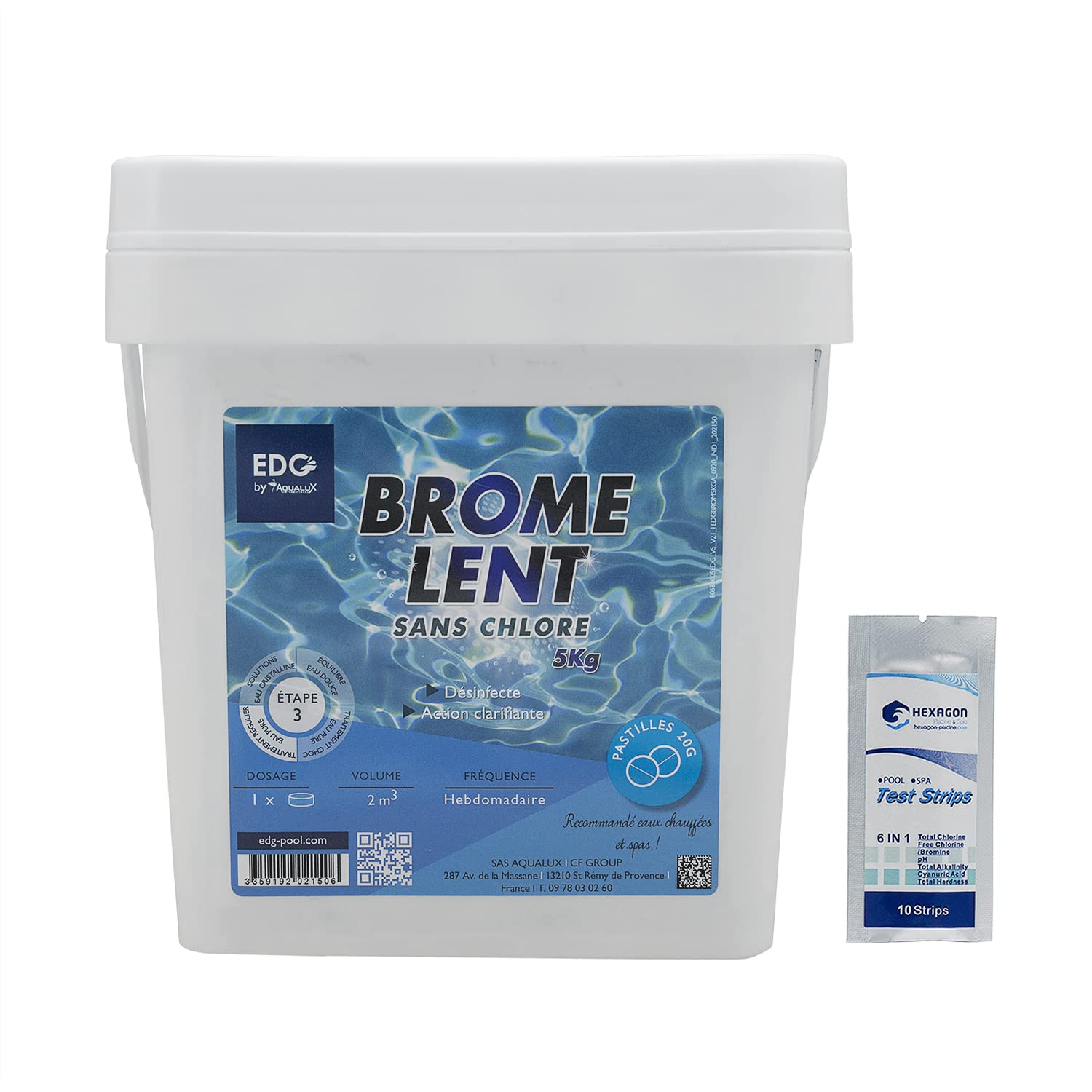 EDG by AQUALUX Brome Lent Pastilles 20g - 5kg | Brome Permanent - Désinfection Régulière - Dissolution Lente + 10 Tests HPS OFFERTS 6 en 1