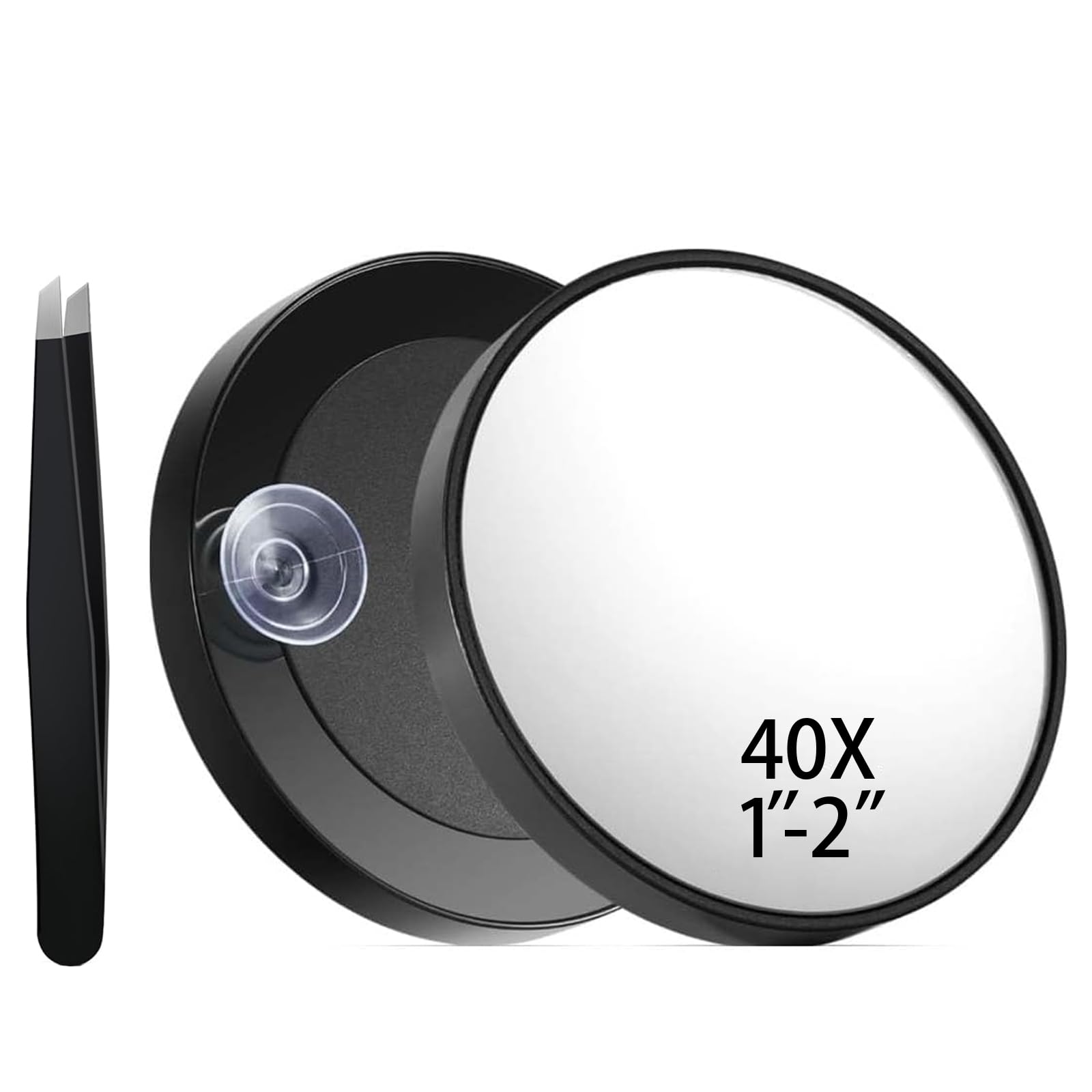 Vndkgn Black Magnifying Mirror,Magnifying Mirror 40X,Small Make Up Magnified Mirrors With Tweezers&Suction 2 Cups Kits Compact Magnify Clear Cosmetic Clear Looking Glass Suit For Travel,Daily Makeup,8.8Cm