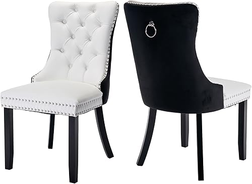 Miniatura 44 de Juego de 4 sillas de comedor de terciopelo, sillas de comedor tapizadas con ribete de cabeza de clavo, patas de madera, anillo de tracción, sillas