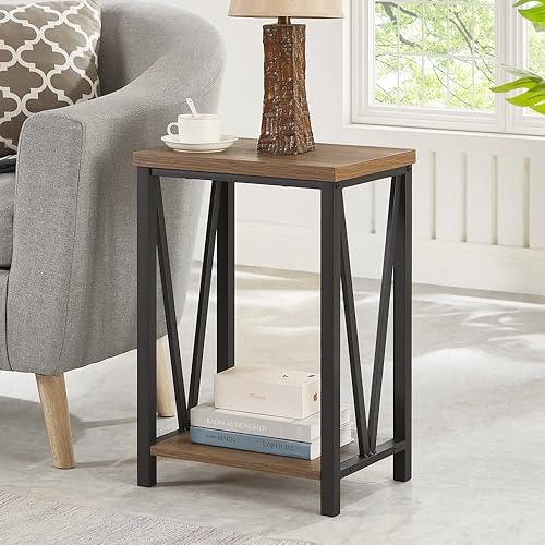 Miniatura 3 de FOLUBAN Mesa auxiliar con estante de almacenamiento, mesa auxiliar rústica para sala de estar, mesita de noche de madera y metal para dormitorio,