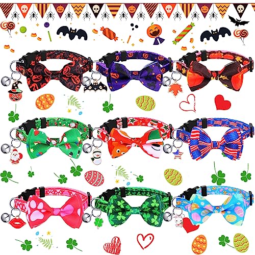 Sadnyy 9 Pcs Holiday Cat Collars Fall Halloween Autumn Breakaway Cat Collars Bulk with Bow Tie and Bells Adjustable Thanksgiving Christmas Valentines Day Necklace for Kitten(S)