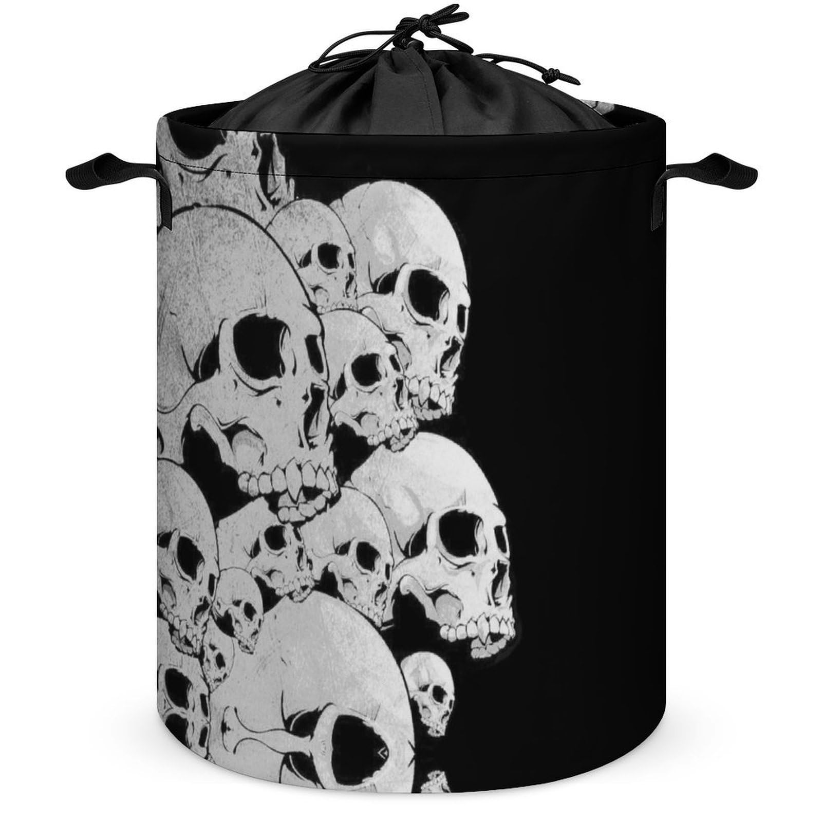 Qjjinxior Drawstring Laundry Hamper, Black Skulls Laundry Basket, Washing Basket with Handle