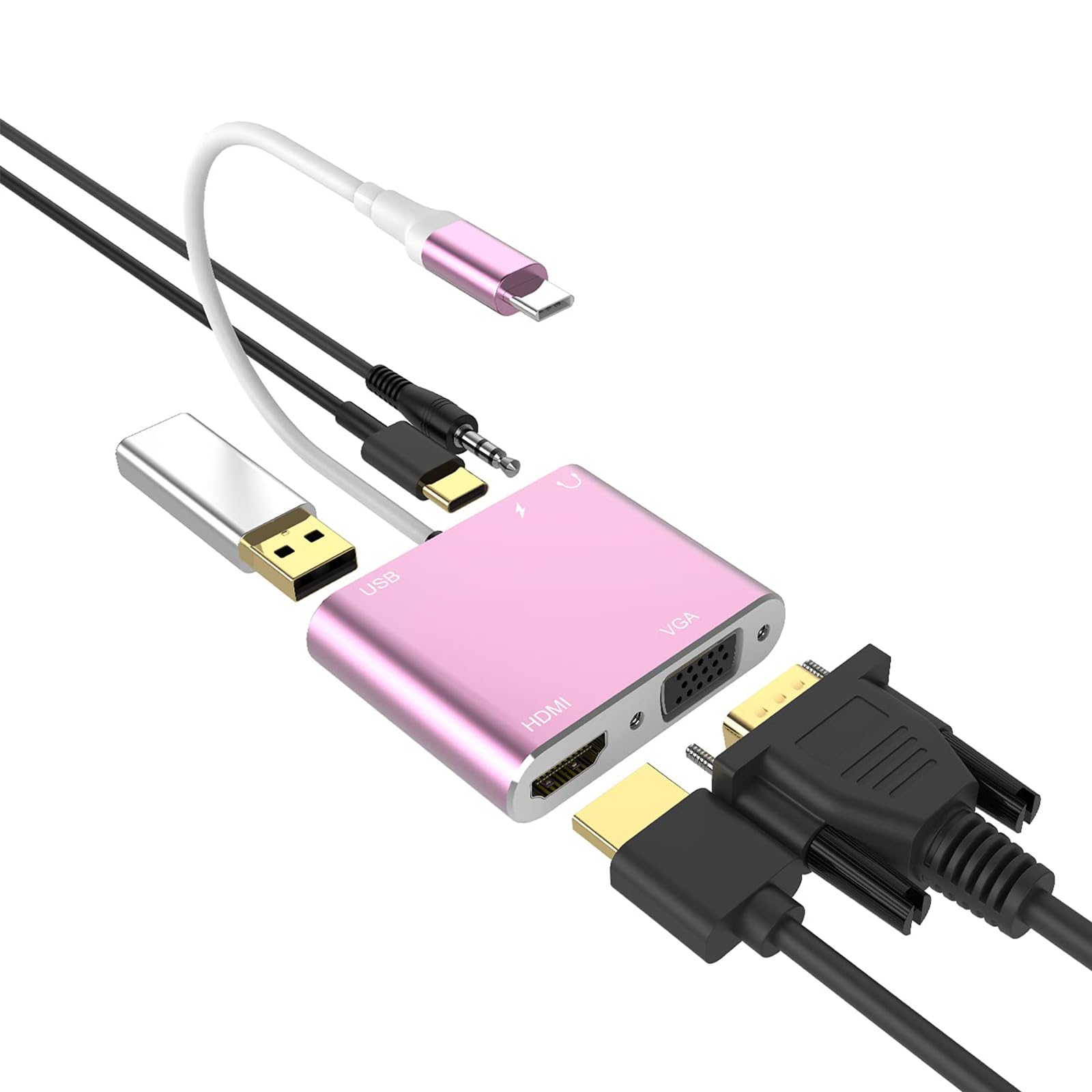 AISONKUSB C to HDMI VGA Adapter, 5-in-1 Hub USB 3.0 OTG Charging Power PD Port Compatible MacBook Pro,Surface go, Galaxy S8/S9 and More Pink