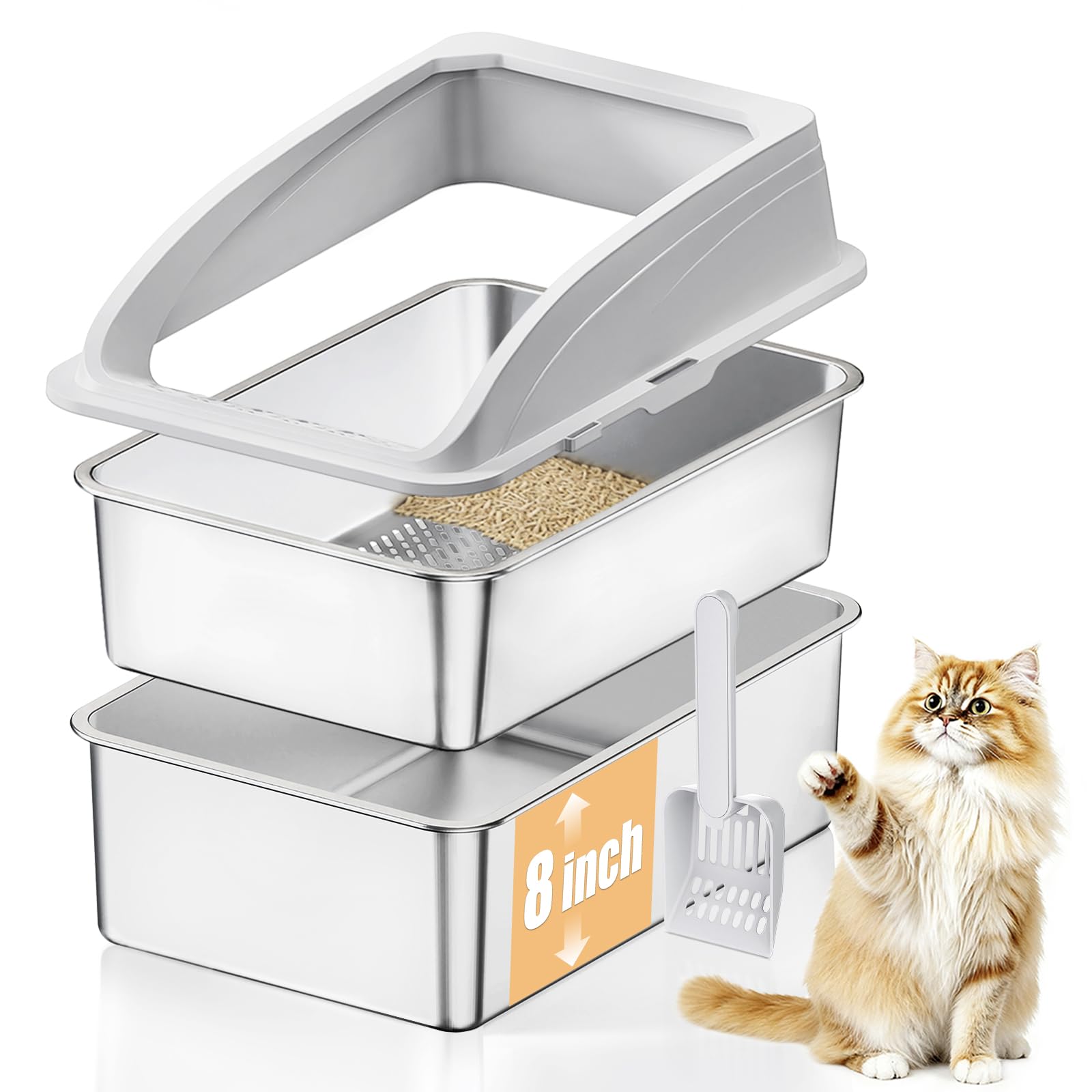 APPKER 23.6"x15.7"x13.78" Stainless Steel Sifting Litter Box with Lid, XL Sifting Design for Pine Pellets, High Sides Metal Litter Box for Big Cats 7.9in Deep, Easy-to-Clean, Non-Stick
