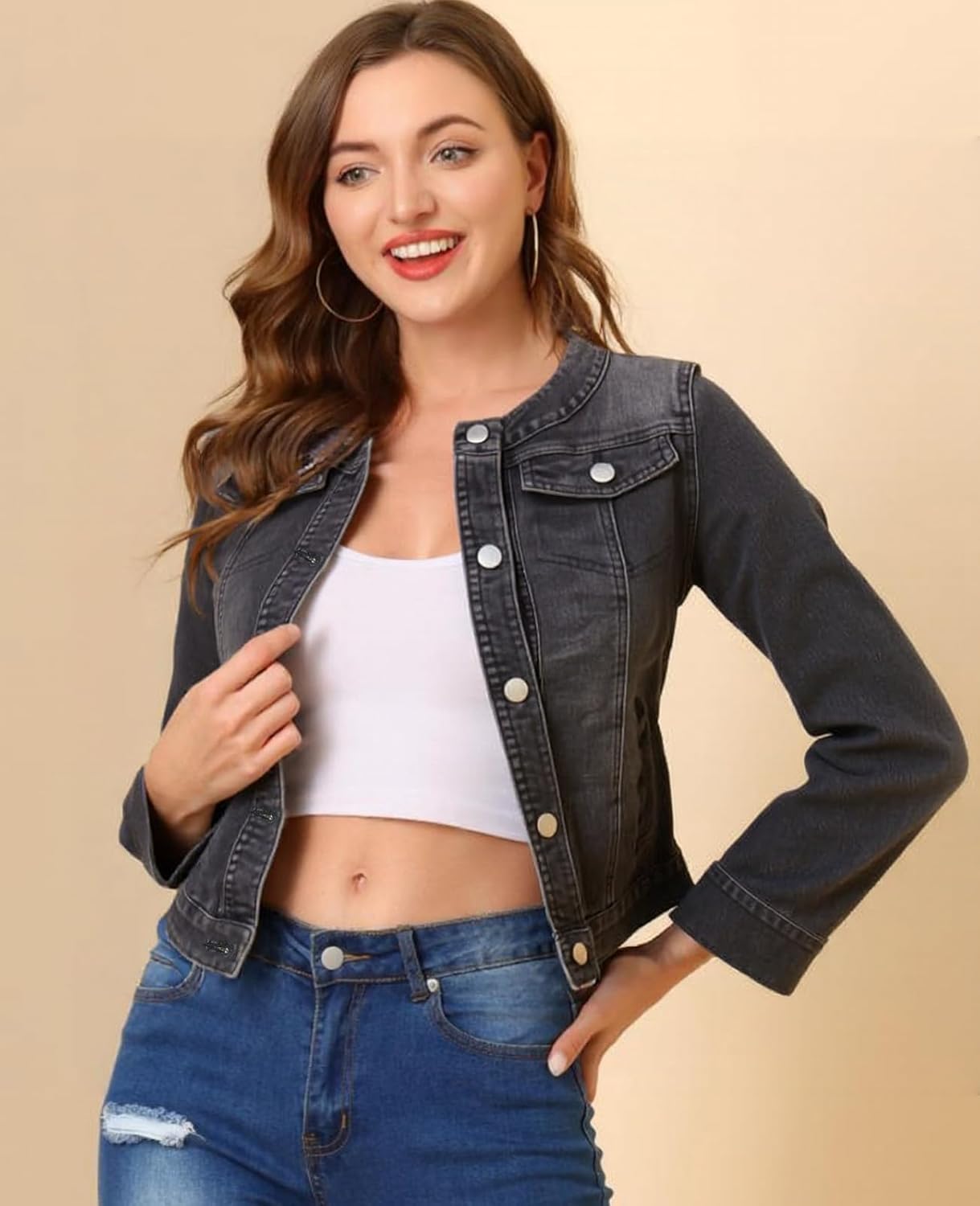 Unifizz Women's Jean Jacket Collarless Round Neck 2025 Button Down Long Sleeve Stretchy Denim Jackets - Image 3