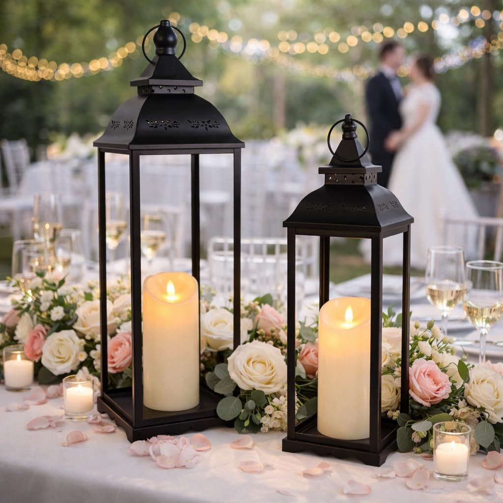 HAVITI 2 sztuki dużych lampionów dekoracyjnych do wnętrz, czarna latarnia wiejska na werandę, wysoka 56 cm, dekoracja latarni (bez szkła) z 2 szt. bezpłomieniowymi świecami, na ślub, do domu, na stół