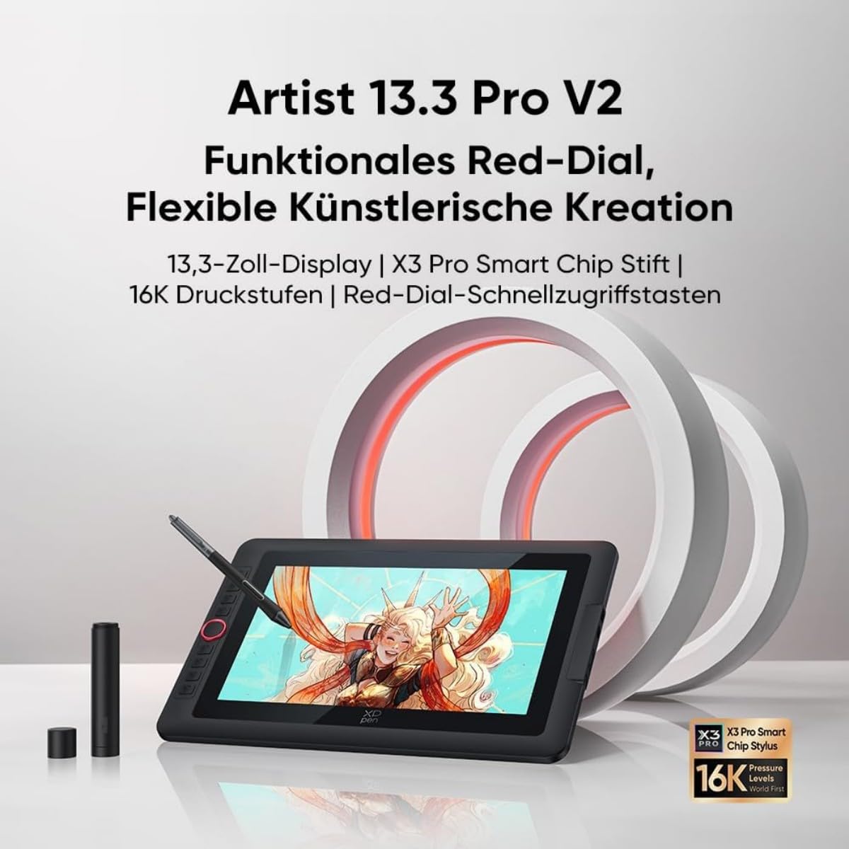 XPPen Artist 13.3 Pro V2 Grafikdisplay für PC, 13.3 Zoll Grafiktablett mit 16K Stift, 99% sRGB, kompatibel mit Windows, macOS, Android, ChromeOS, Linux