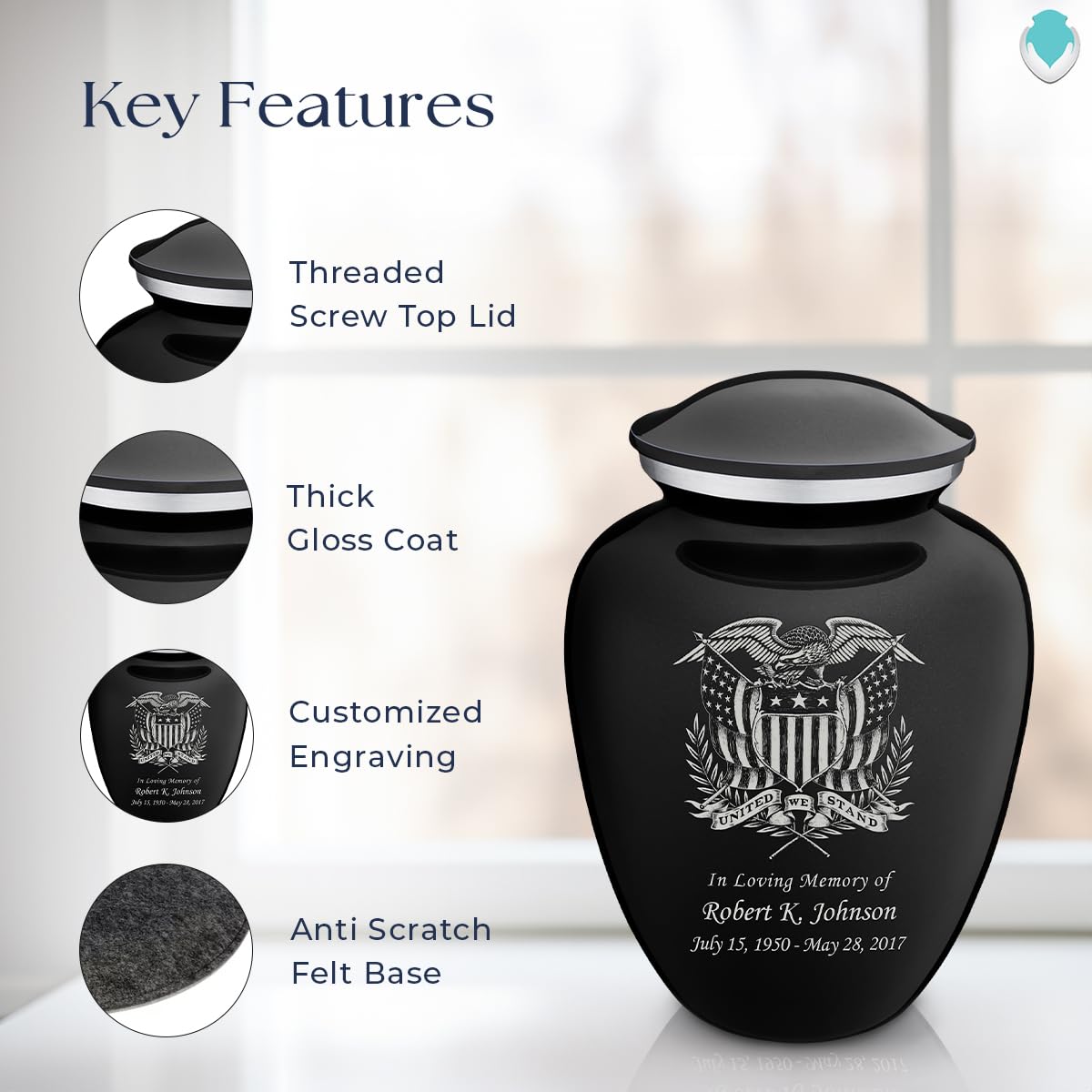 Geturns Embrace Adult Personalized American Glory Cremation Urns for Human Ashes I Large Black Funeral Urn for Men and Women I 200 lbs
