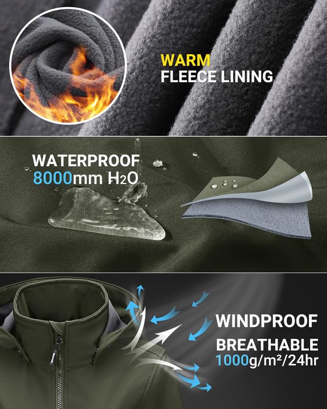Outdoor Ventures Damen Softshelljacke Kurze Gefütterte Funktionsjacke Wasserdichte Übergangsjacke mit Abnehmbarer Kapuze Regenjacke Outdoor Regenmantel Softshellmantel für Wandern Laufen Oliv-Grün L