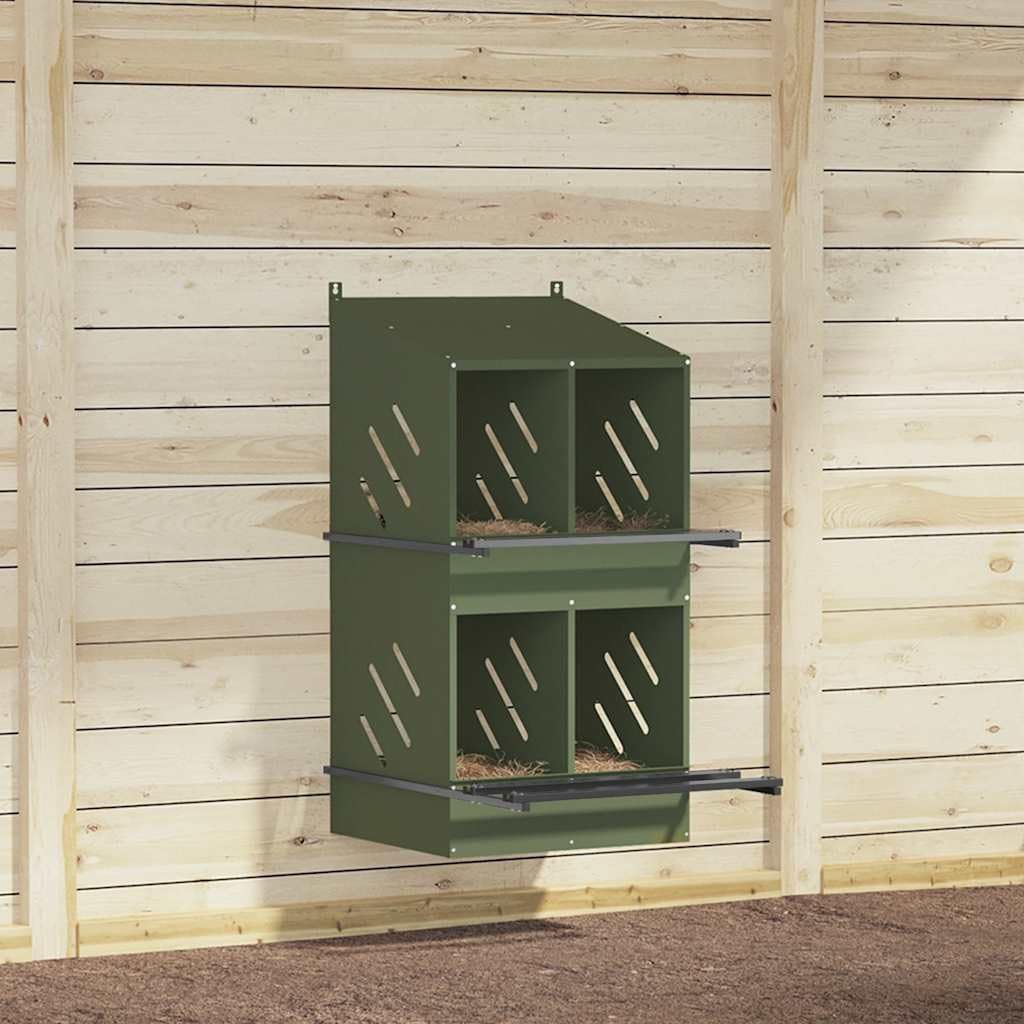 Nido per polli con 4 scomparti, in metallo verde oliva, robusta lamiera zincata, 54 x 79 x 109,5 cm, resistente alle intemperie, con posatoi, fondo rimovibile, per stalla, giardino
