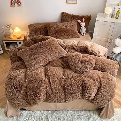 Faux Fur Coffee Colorful Comforter Sets Queen - 3PC Bed Set Ultra Warm Soft Skin Friendly Rabbit Plush Flannel Velvet Fluffy Fuzzy Bedding（Comforter x 1 Pillowcases x 2）