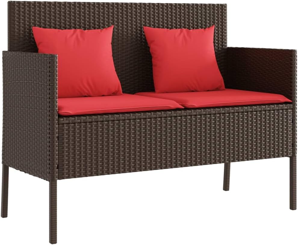 vidaXL Patio Bench with Cushions, Outdoor Loveseat Furniture, Park Bench Seat, Garden Storage Bench, Modern Style, Brown Poly Rattan