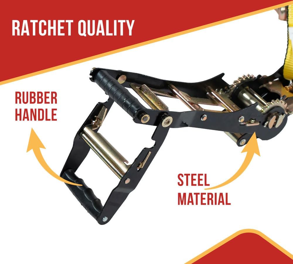 Mytee Products 2" x27' Yellow Ratchet Strap with J Hooks - 10,000 Lbs Breaking Strength - Heavy Duty Tie Down Large Bar Handle and Cargo Straps with Wire Hooks for Flatbed, Truck, Trailers Pickup