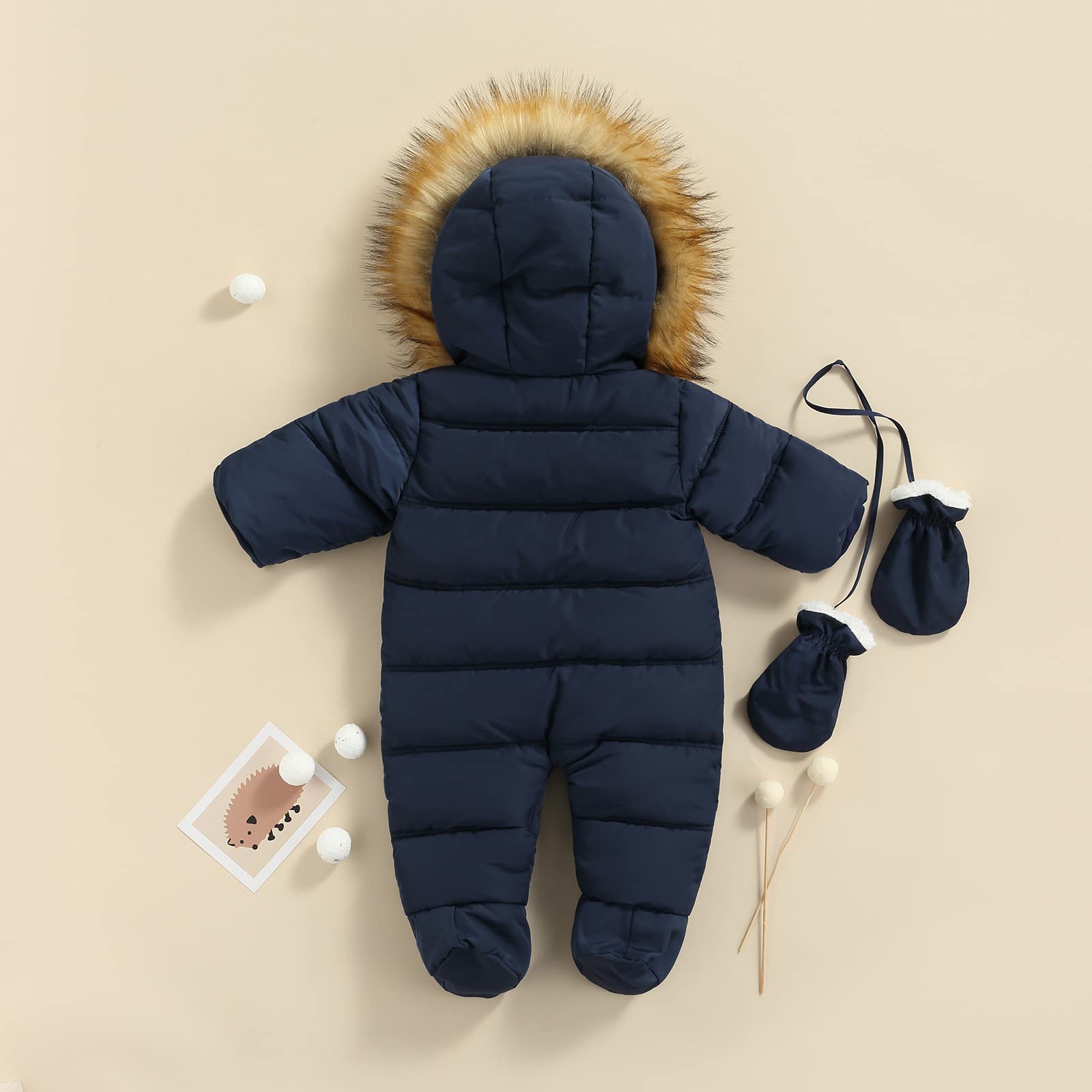 Tute da Bambino con Cerniera in Piumino con Guanti, Tuta da Pagliaccetto Invernale con Cappuccio e Peluche a Tinta Unita con Tasche