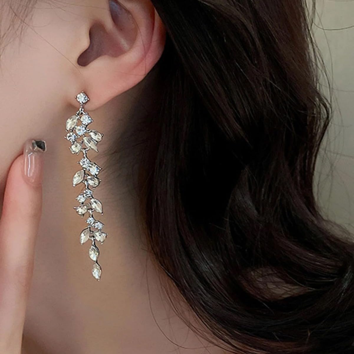 925 Sterling Silver Clip On Earrings for Women, Silver Plated Cubic Zirconia CZ Long Tassel Dangle Drop Clip Earrings Leaf Non Pierced Earrings Jewelry Gifts for Wedding Party Prom - Image 6