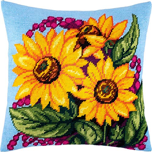 Brvsk Floral Embroidery Kit for Adults and Beginners — Sunflower Bouquet 16??×?16? with Clear, Precise Printed Design on Cotton Canvas; Includes 2 Needles, Yarn, and Easy-Read Chart