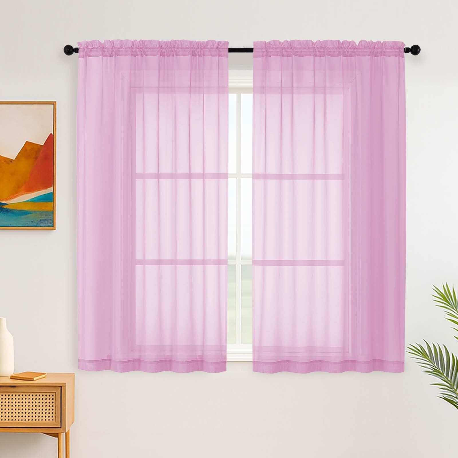 Simplebrand Pink Short Sheer Curtains for Bedroom, 137 cm Length, 2 Panels Set, Light Filtering Voile Home Curtains & Drapes, Rod Pocket Window for Living Room (Pink, 150cm W x 137cm L)