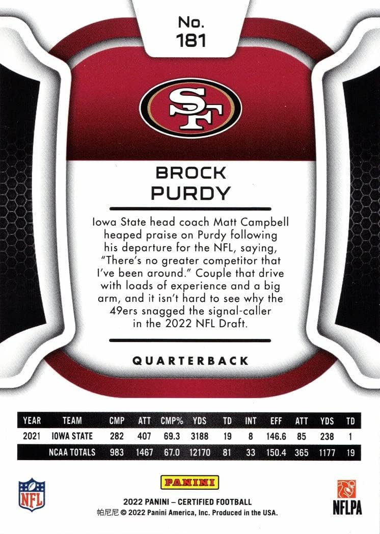 2022 Panini Certified Football #181 Brock Purdy Rookie Card 49ers - Only 399 made!