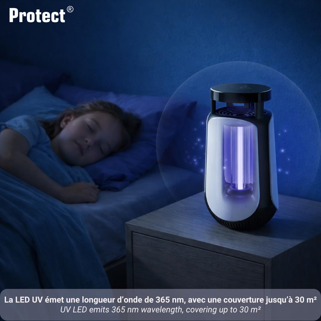 Protect® - Trappola antizanzare a aspirazione con lampada UV LED 365 nm, sterminatore di insetti silenziosi, copertura 30 m², timer 4/6/12h, USB-C (2 esche incluse)