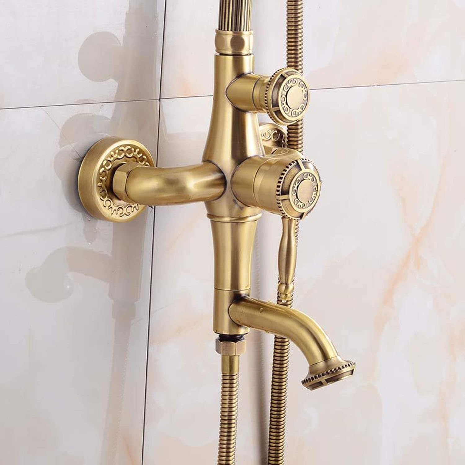 Antique Shower System Adjustable Height, Wall Mounted Shower Set Brass with Overhead Shower Head Tap, Retro Golden Shower Mixer Set for Bathroom Hotel Gym