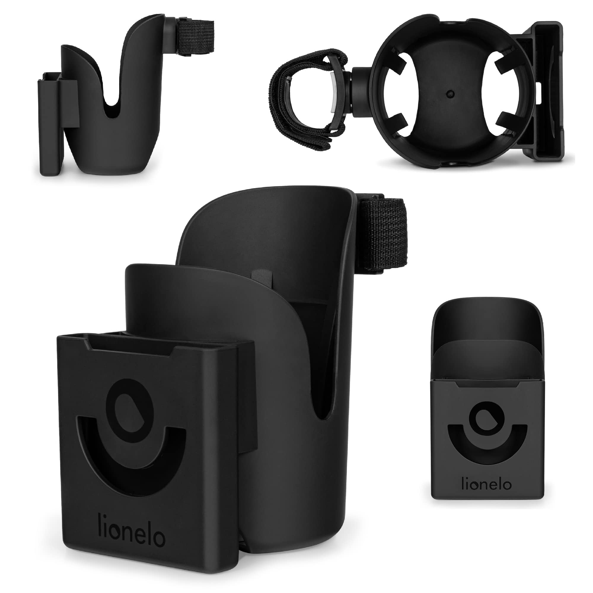 LIONELO Ove Soporte para Carrito 2 en 1, portavasos, Organizador Carrito Bebe, Soporte para móvil, Universal: se Adapta a la mayoría de Las Botellas y móviles, Sistema de Montaje de 360 ​​°