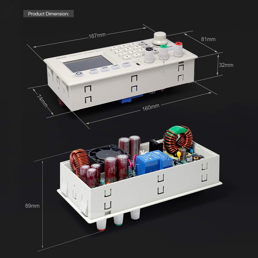 Hanzete RD6018 - Modulo di alimentazione a corrente continua a tensione costante e corrente costante da 18 A, software per PC, Wifi, controllo tramite app, con funzione di aggiornamento firmware