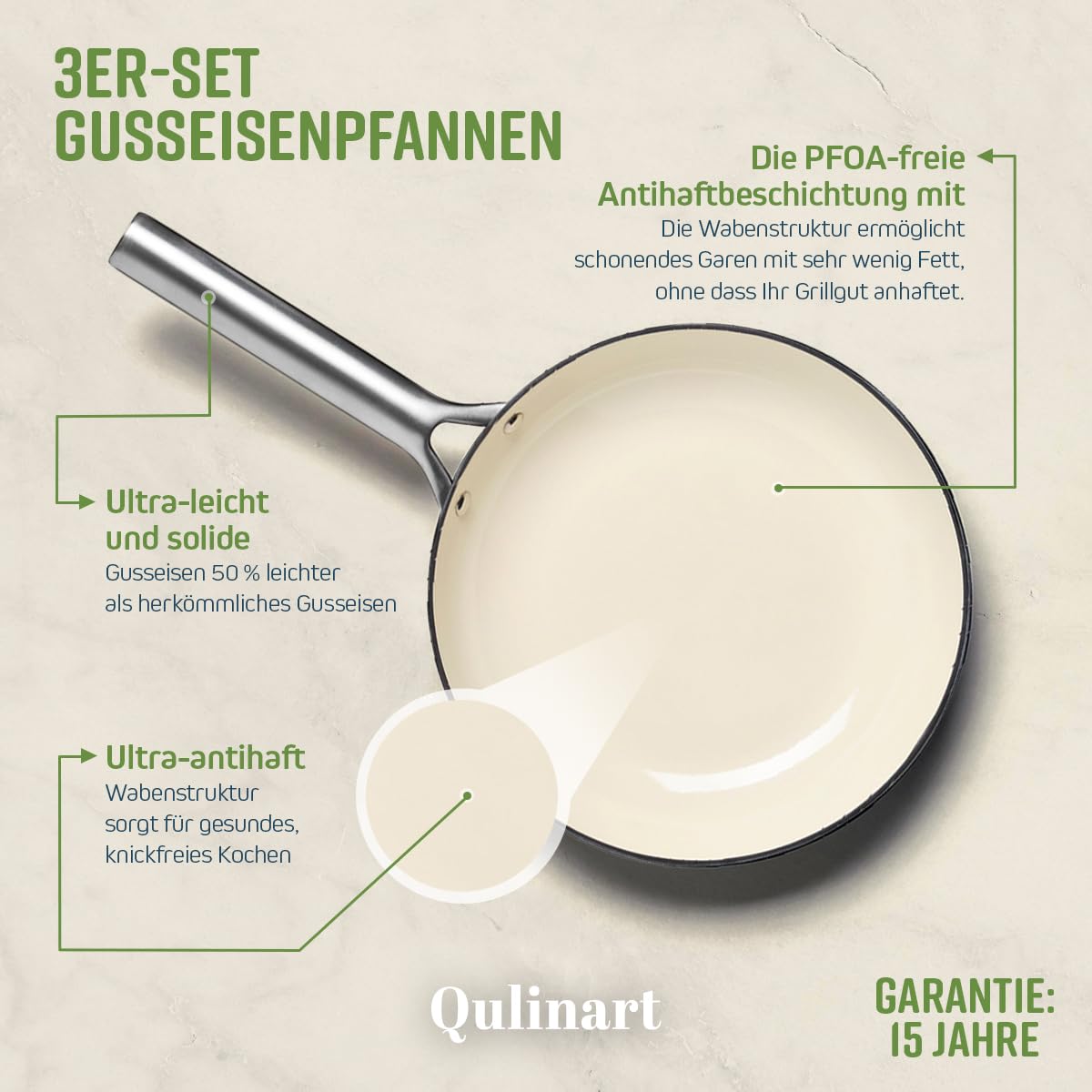 QULINART 3er-Set emaillierte Gusseisenpfannen, Wabenstruktur und Edelstahlgriffen, antihaftbeschichtet, PFOA-frei – für alle Herdarten geeignet, auch Induktion – Schwarz, Ø 20/24/28 cm