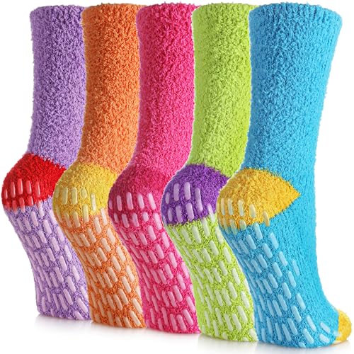 Image of Yebing Non Slip Hospital Socks for Women with Grips Fuzzy Cozy Anti Skid Slipper Socks Winter Warm Soft Fluffy Sleep Socks