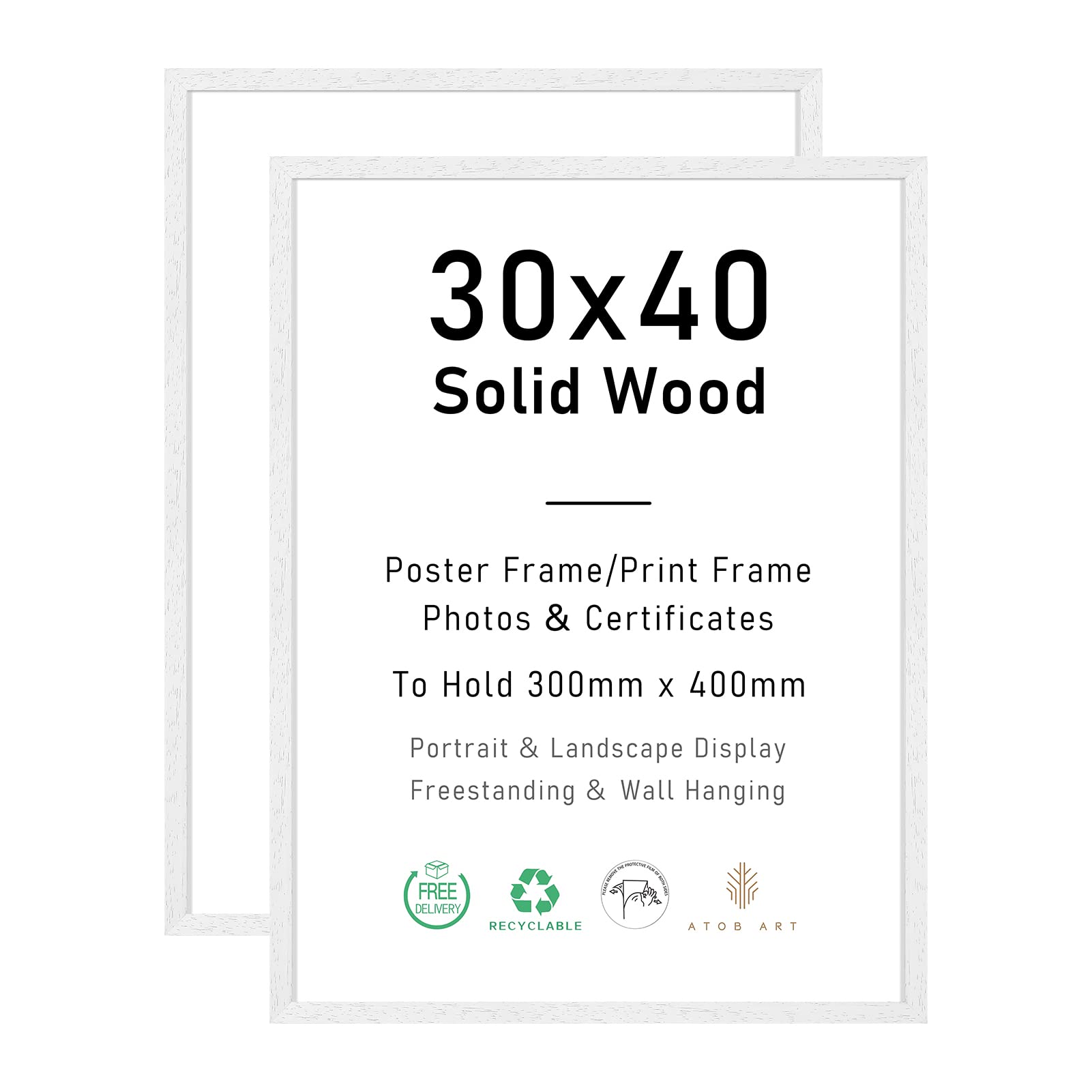 30x40cm Photo Frames White Set of 2 with A4 and 10x15cm/4 - Made of Solid Wood for Table Top and Wall Mounting