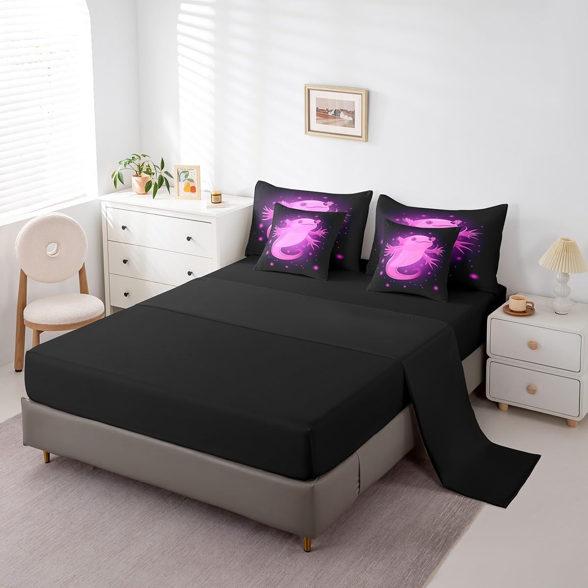 Erosebridal Axolotl Queen Comforter Set 7 Pieces,Glitter Sealife Ocean Animal Bed in a Bag with Sheet Set for Kids Boys Girls Bedroom Decor,Cute Axolotl Bed Sheets,3D Salamander Axolotl Bedding Set
