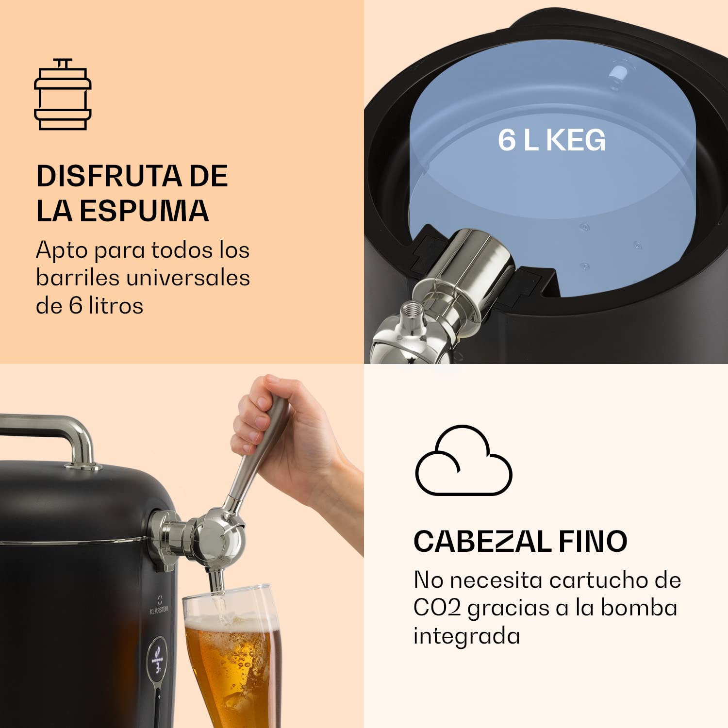 Klarstein Dispensador de Cerveza, de 6 l, Tirador para Cerveza de Barril 65 W para Mini Barriles, Temperatura 3-12 °C, Grifo Cerveza para Casa con Indicador LED de Temperatura y Nivel de Cerveza