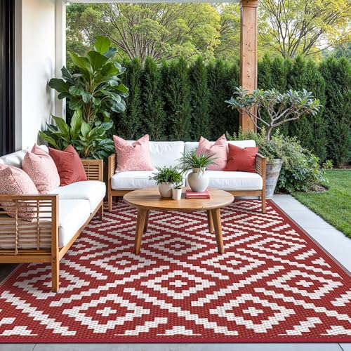 Image of GENIMO Outdoor Rug, Waterproof Plastic Rugs for Patio, 6'x9' Red White | Outside Larger Modern Carpet Mat for Porch Decor, Deck, Balcony, Camping, RV, Backyard, Picnic, Beach, Reversible, Foldable