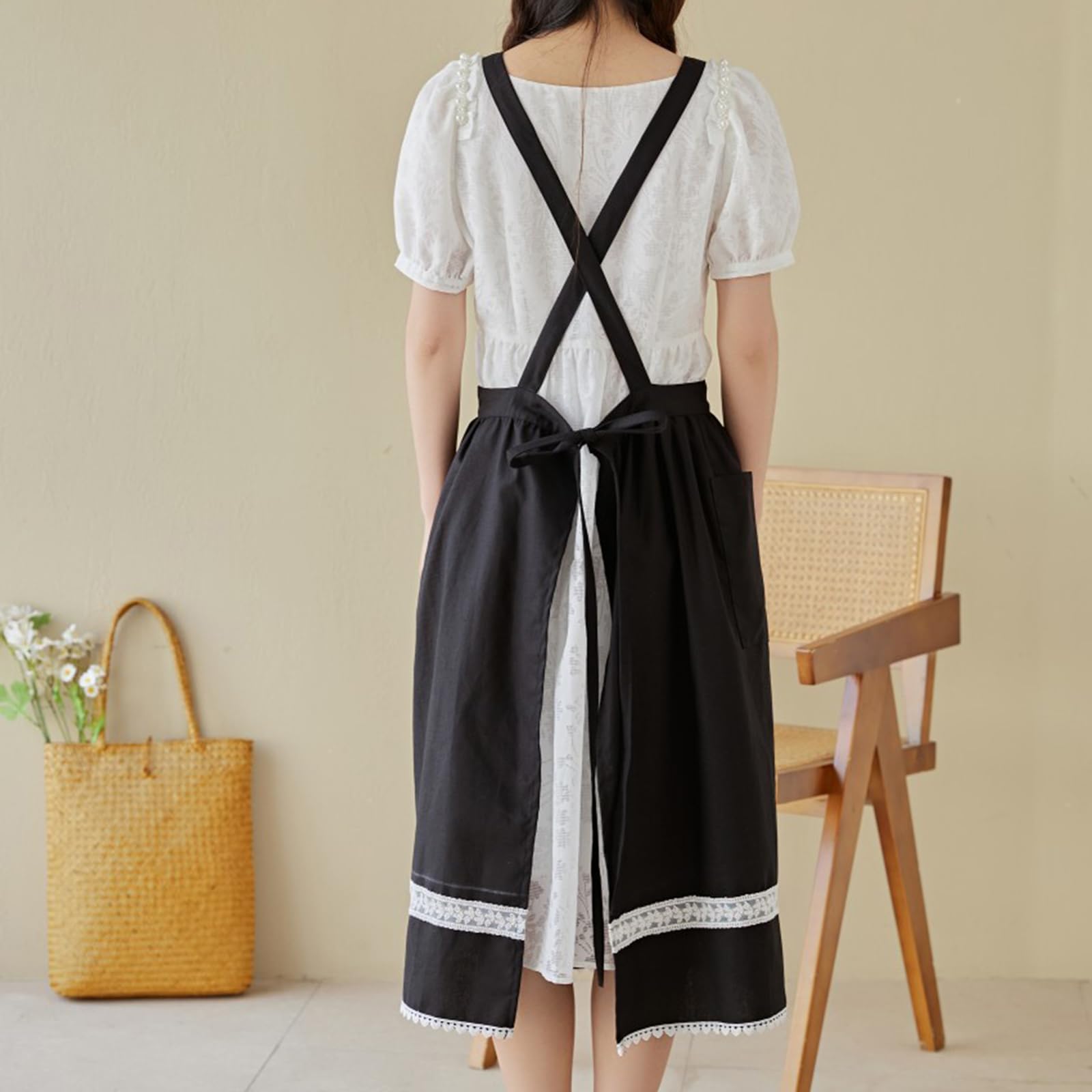 Fartuch Damski Fartuch Lniany Bawełniany Krzyż Na Plecach Z Kieszeniami Sukienka Pinafore Dla Szefa Kuchni Ogrodnictwo Gotowanie Malowanie Black,One Size